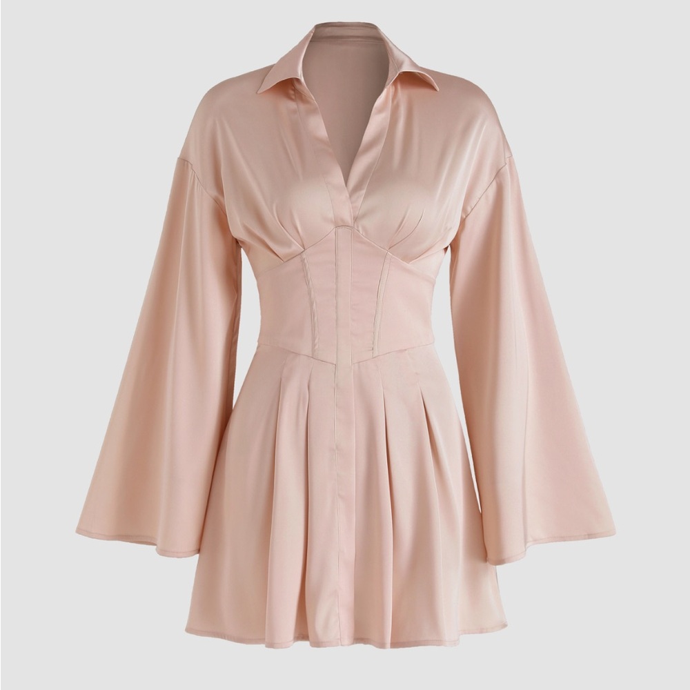 Elegant Blush Pink Flared Sleeve Mini Dress